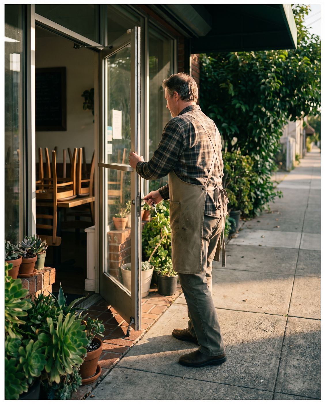 Small business owner unlocking a neighborhood cafe in the morning