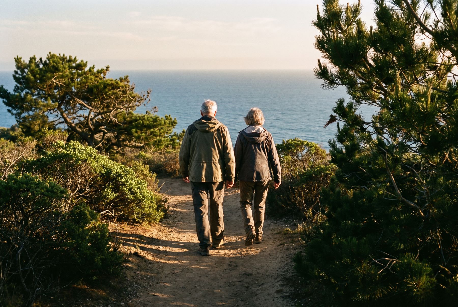 Retired couple walking a coastal bluff trail above the ocean