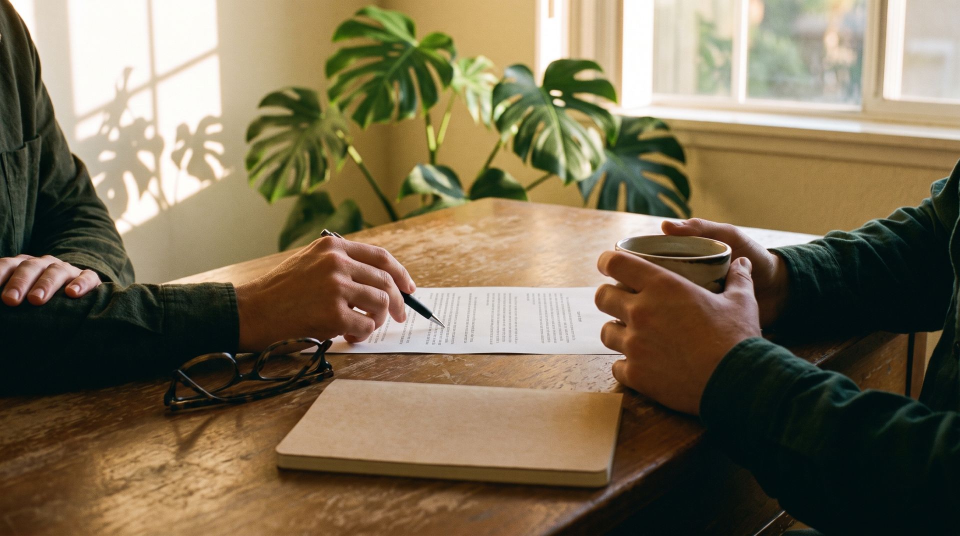 Insurance agent and client reviewing policy paperwork at a desk