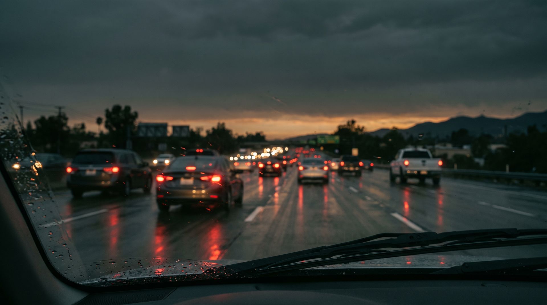 Rainy Southern California freeway traffic at dusk seen through a windshield