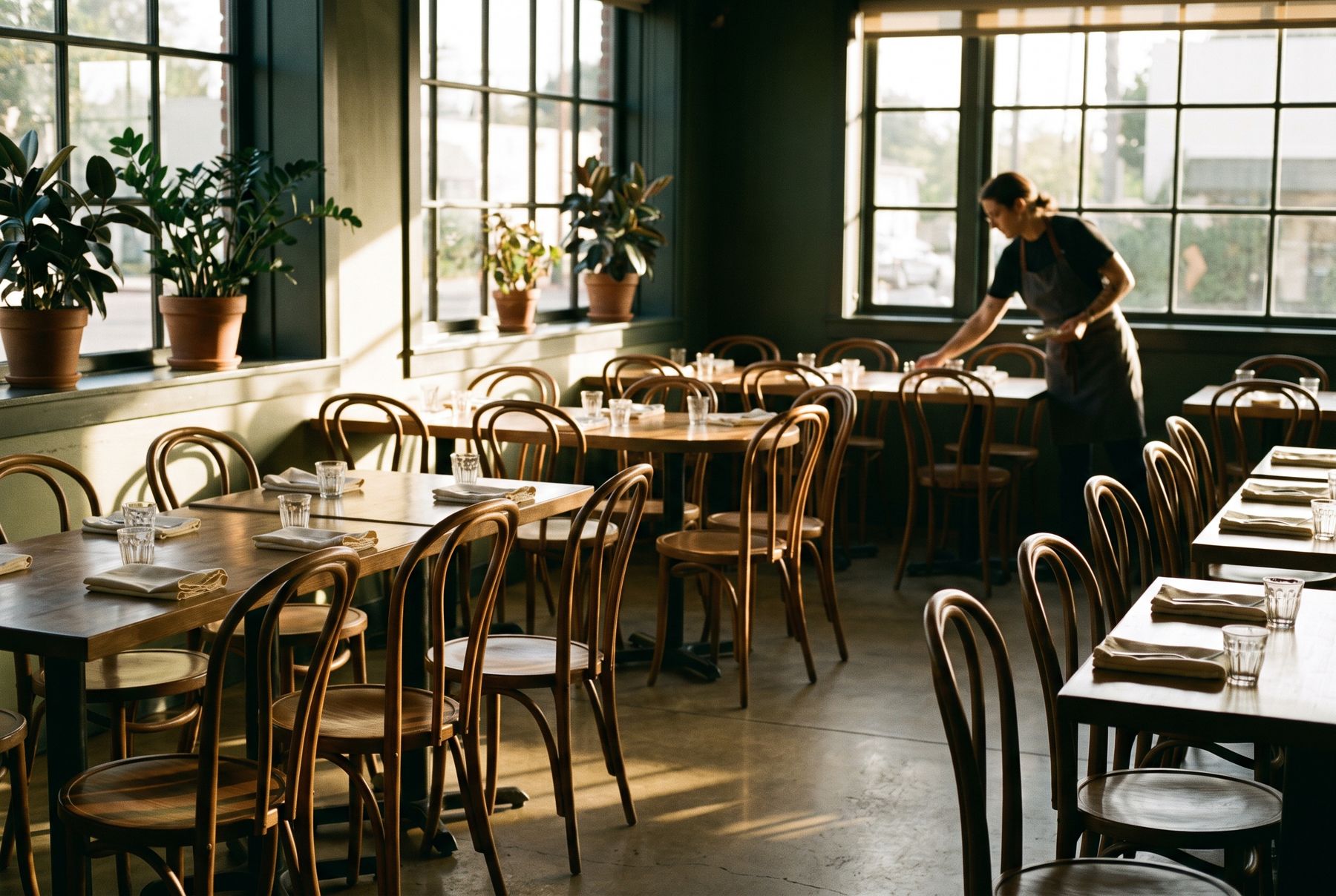 Restaurant dining room being set up before opening