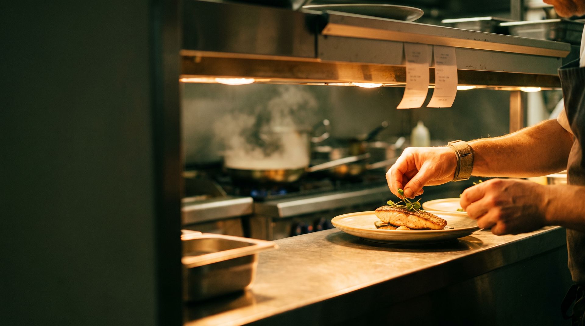 Cook plating a dish at a restaurant kitchen pass
