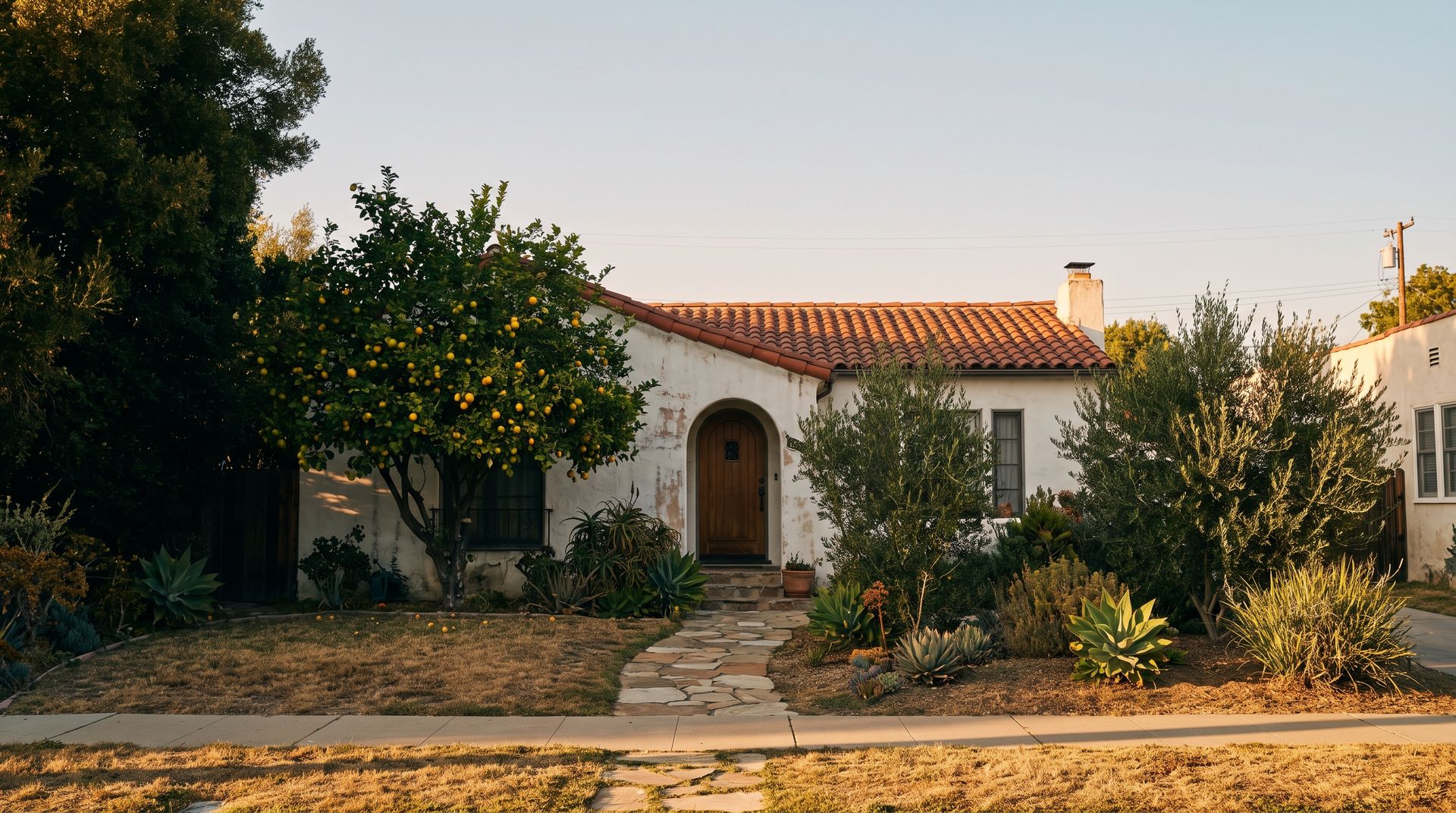 Spanish-style California home with a terracotta tile roof and lemon tree